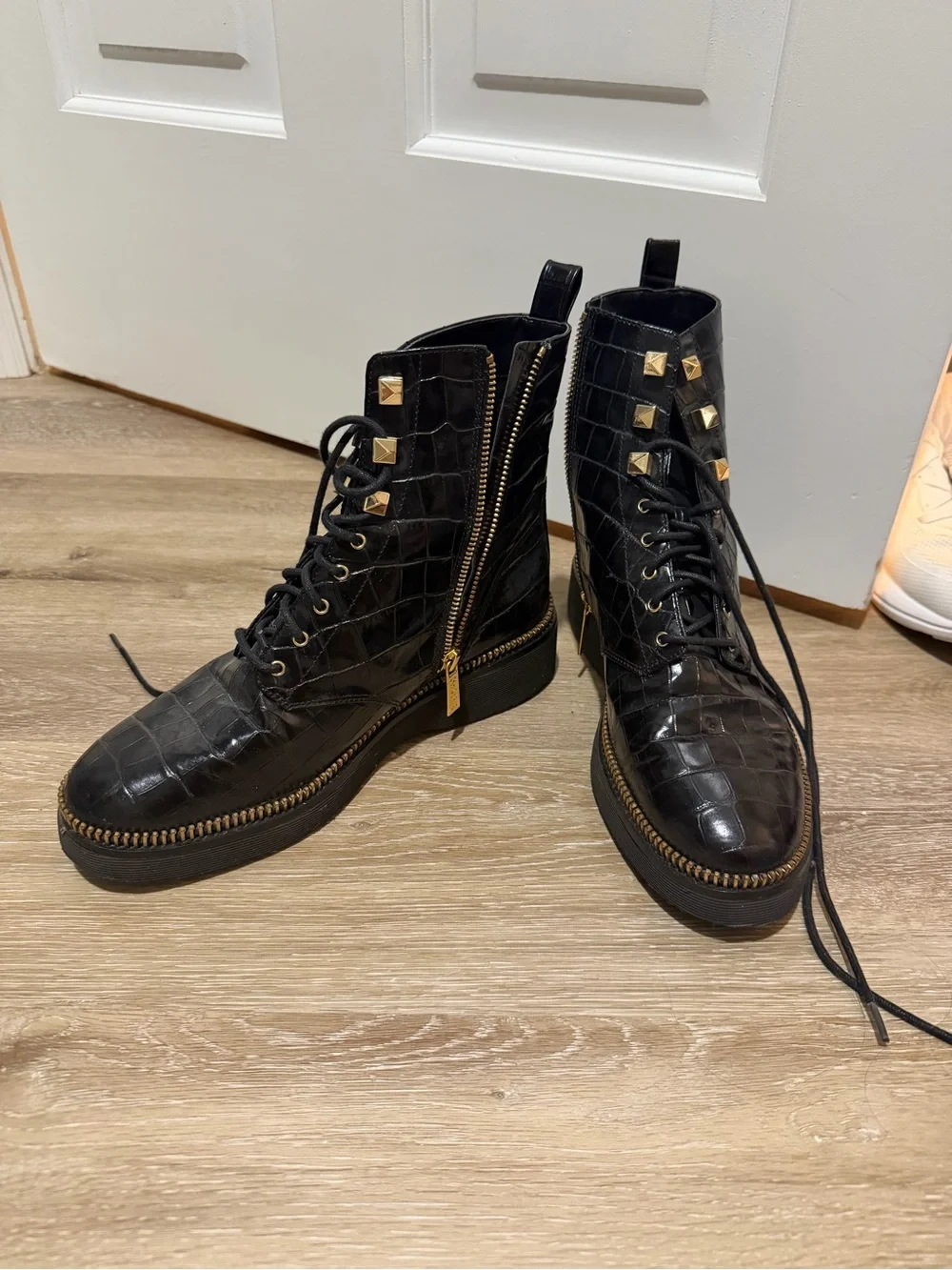 Michael Kors Black Croc-Embossed Lace-Up Combat Boots with Gold Studs